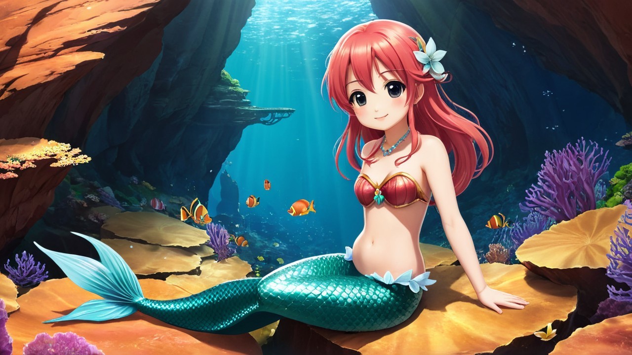 Vibrant Underwater Scene with a Cheerful Mermaid