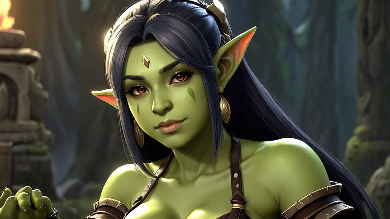 Green-Skinned Female Character in Mystical Forest