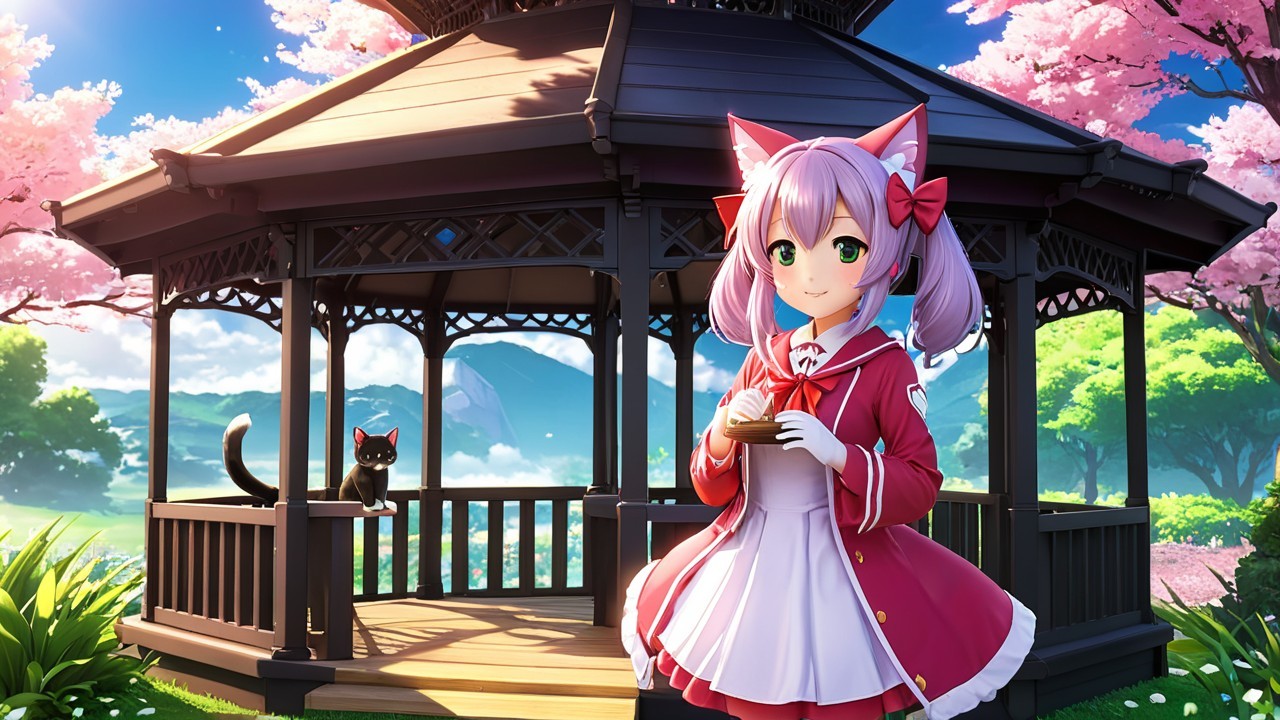 Anime girl with pink hair in cherry blossom gazebo