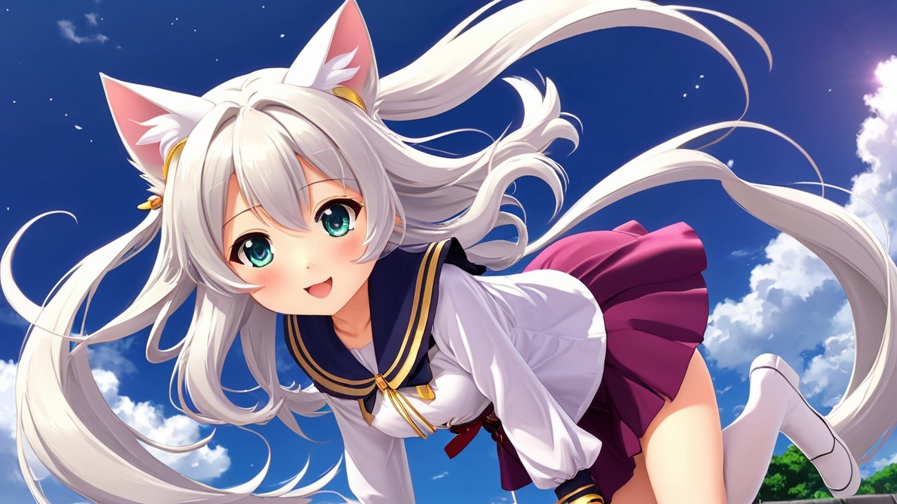 Cheerful anime character with silver hair and cat ears