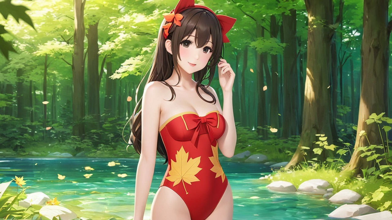 Cheerful girl in red swimsuit by serene forest stream