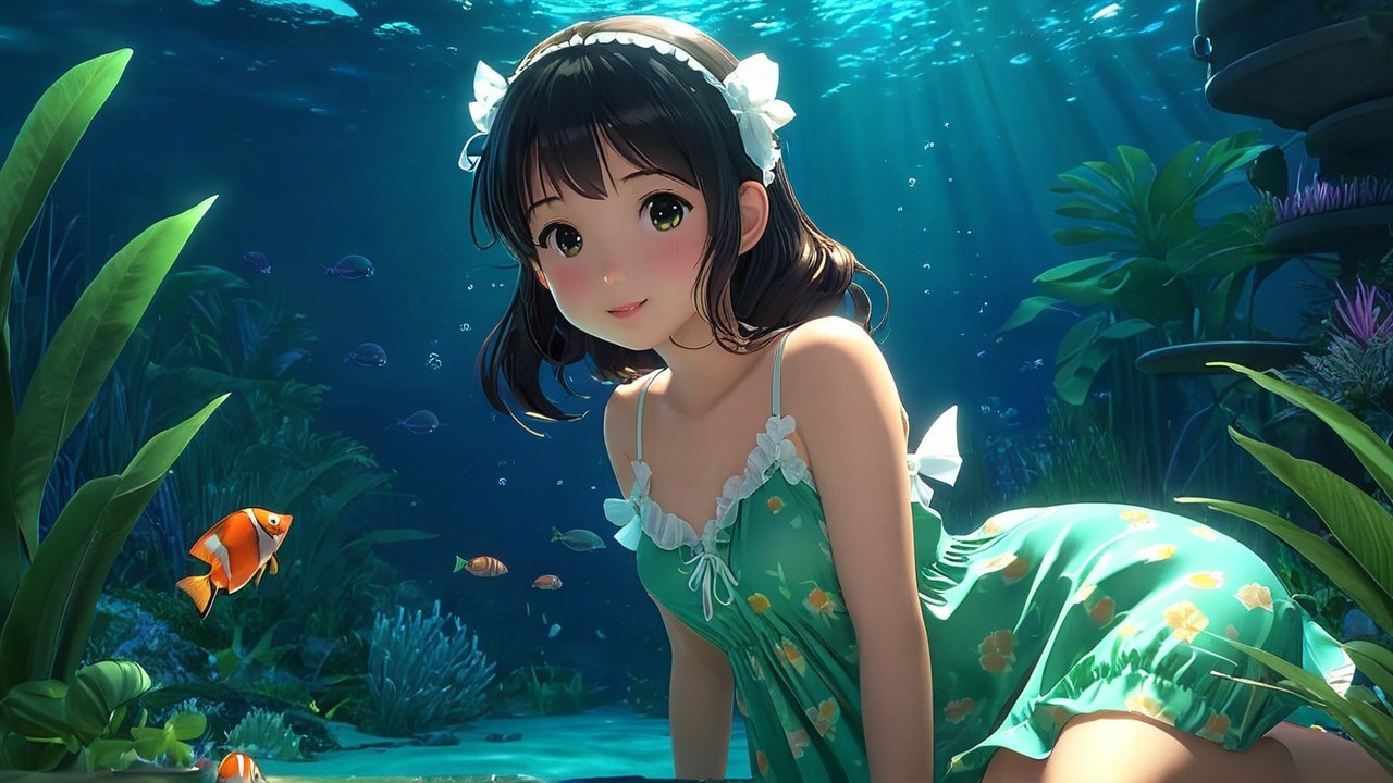 Anime girl in underwater paradise with colorful fish
