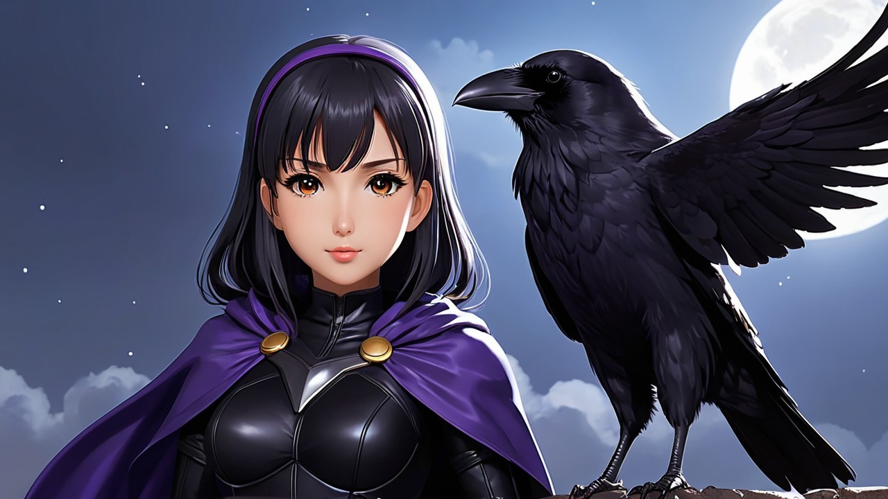 Young Woman in Dark Outfit with Raven Under Moonlight