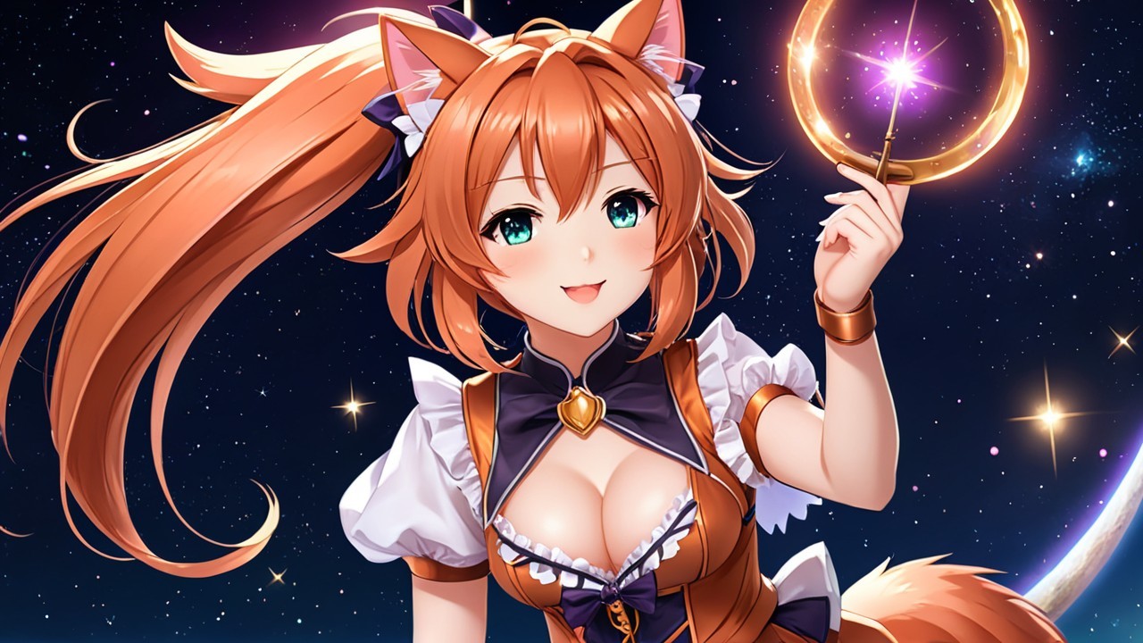 Cheerful character with orange hair and magical staff