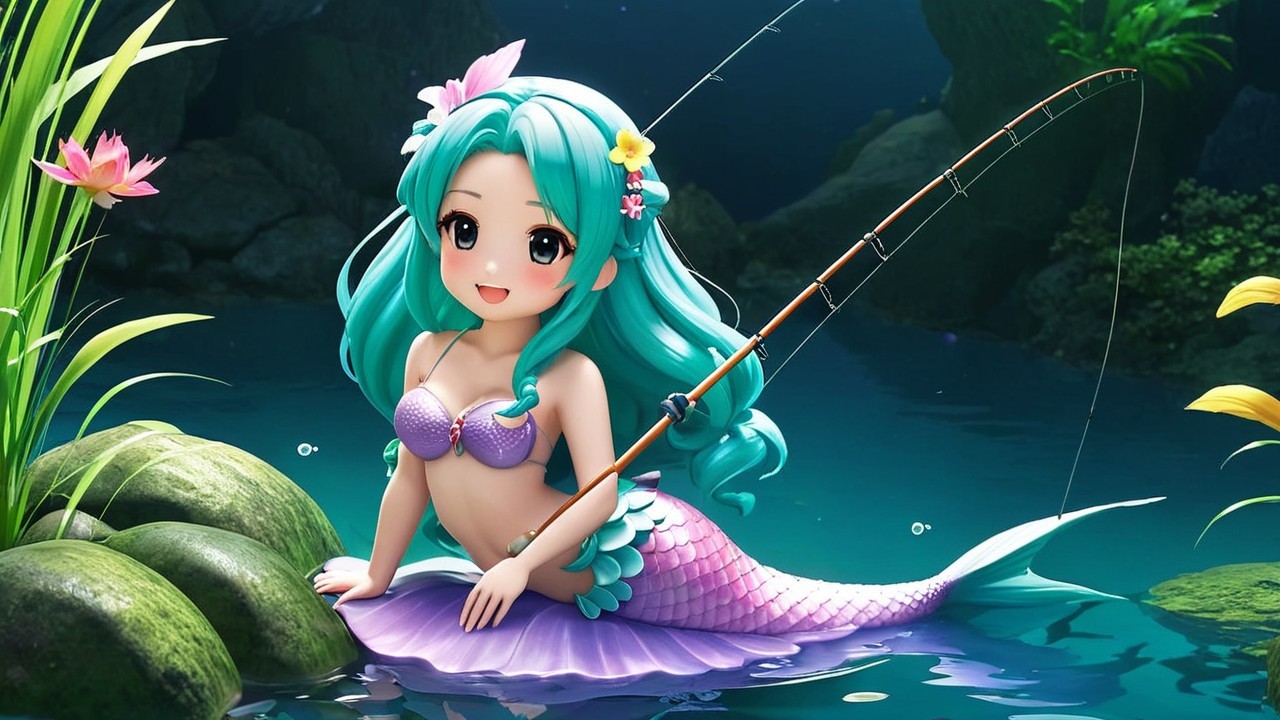 Cheerful mermaid with turquoise hair by tranquil water