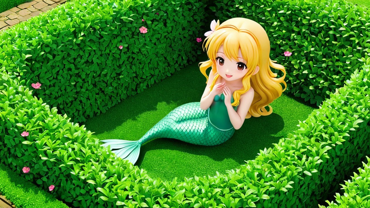 Animated Mermaid in a Lush Green Garden Setting