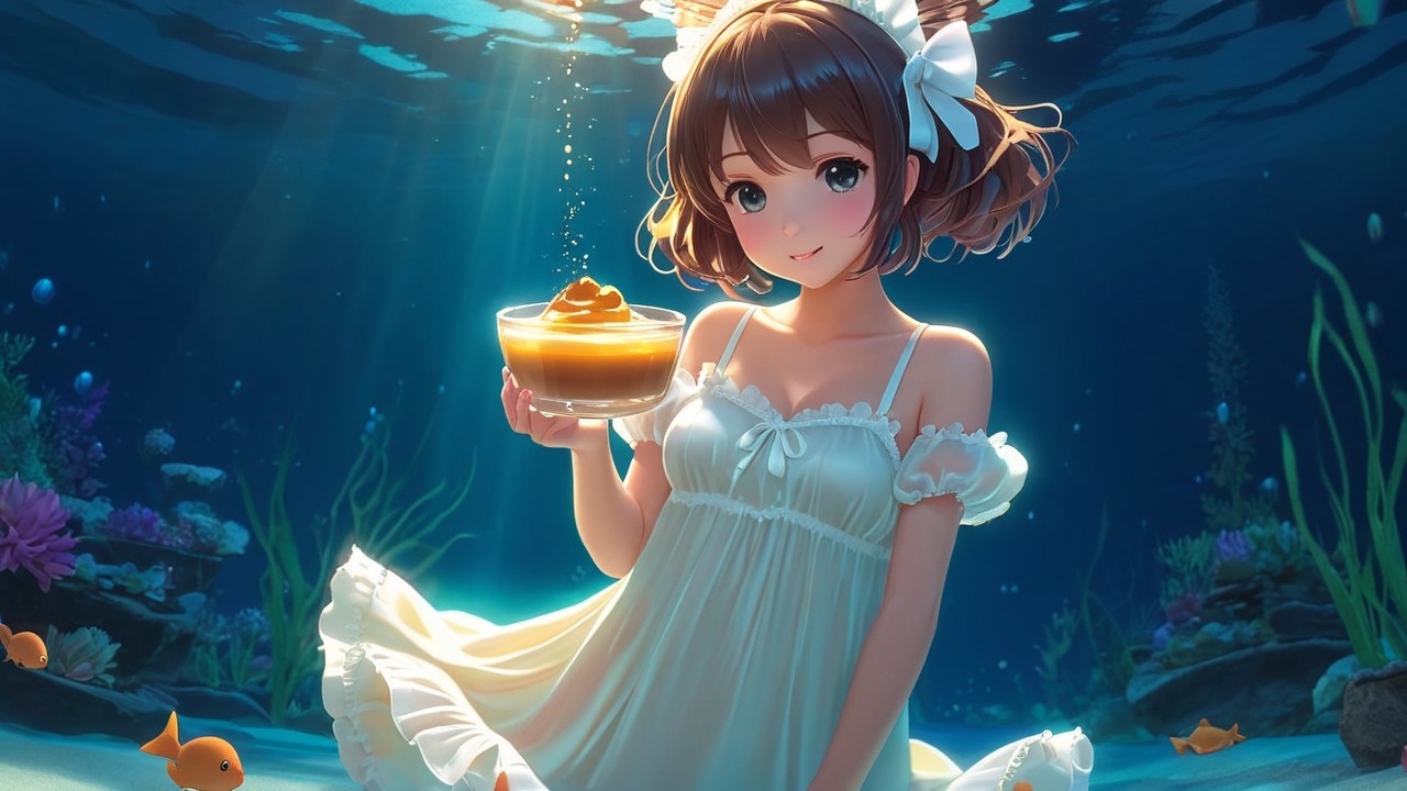 Underwater Scene of a Girl in White Dress with Fish