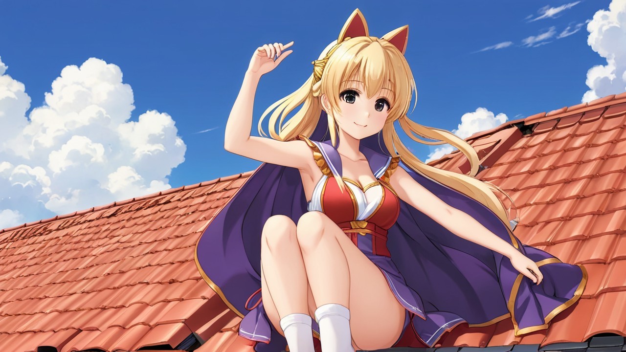 Cheerful girl with cat ears on a red-tiled roof