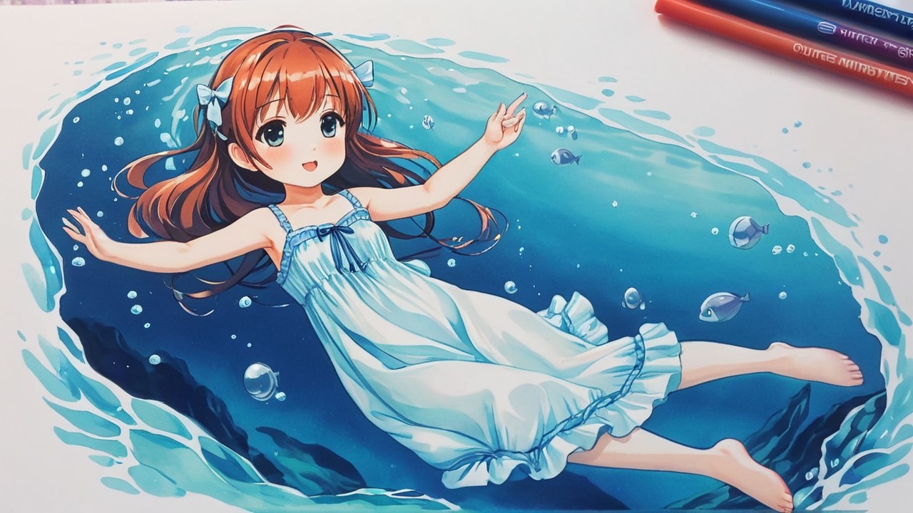 Anime-style illustration of a girl swimming underwater