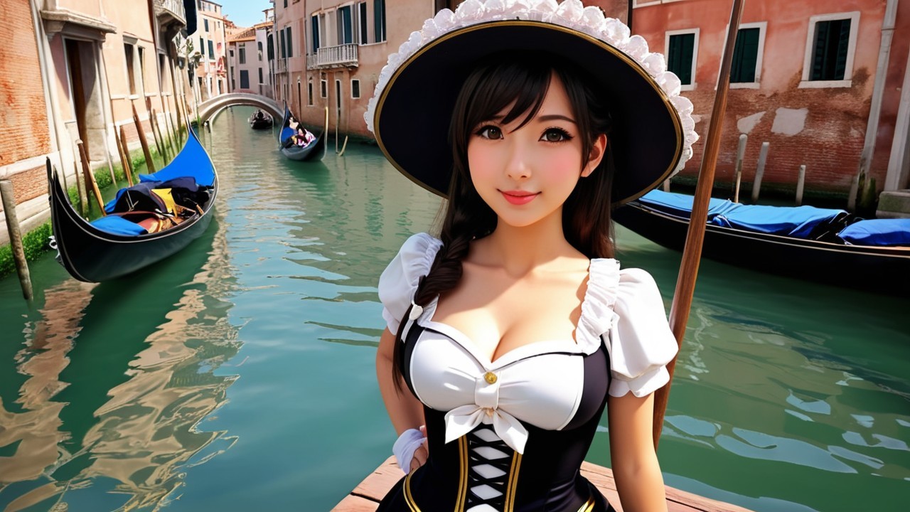 Young Woman in Stylish Outfit by Venetian Canal