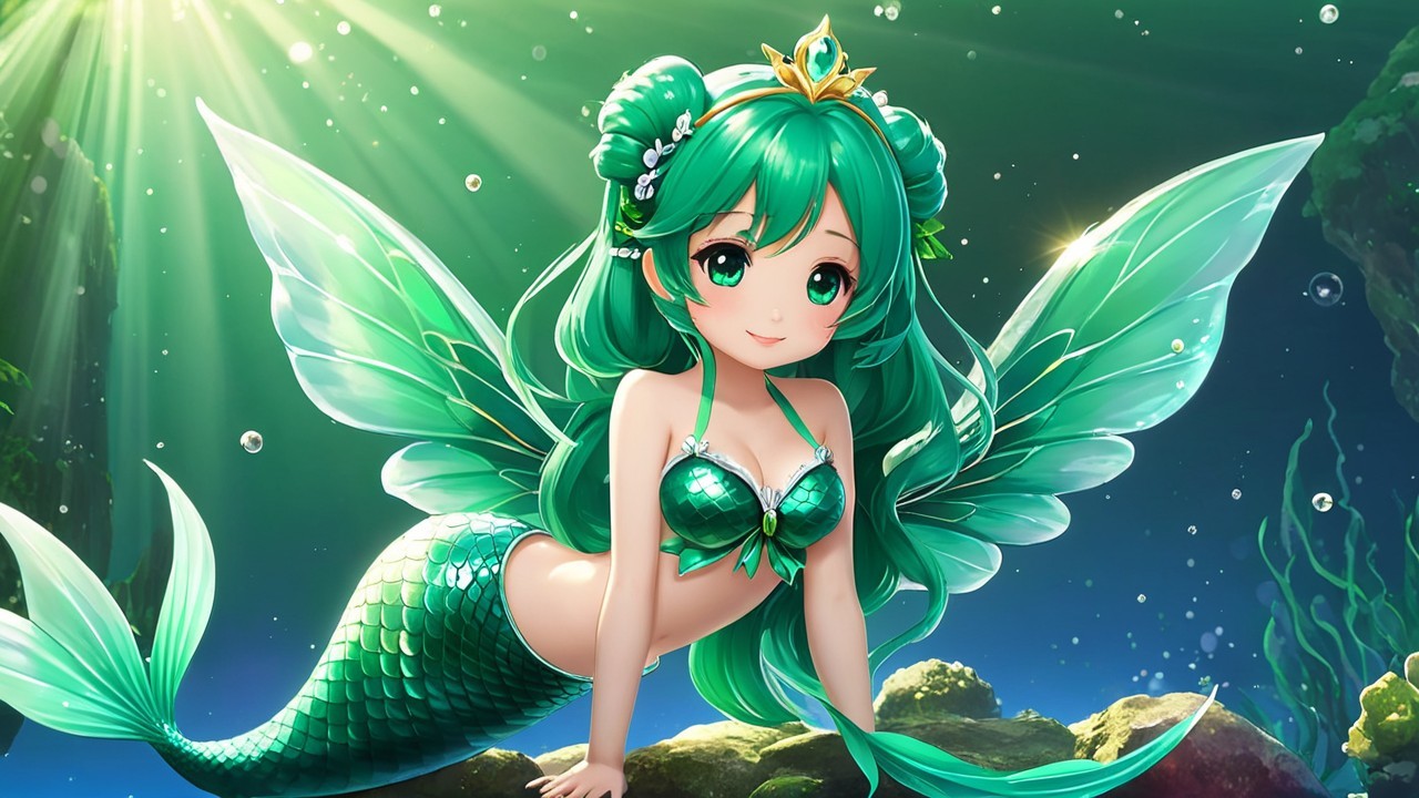 Vibrant Mermaid with Green Hair in Underwater Scene