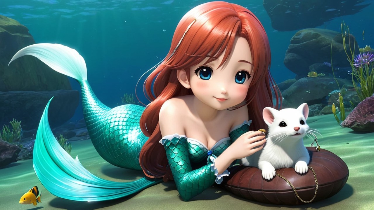 Whimsical Underwater Scene with Mermaid and Cat