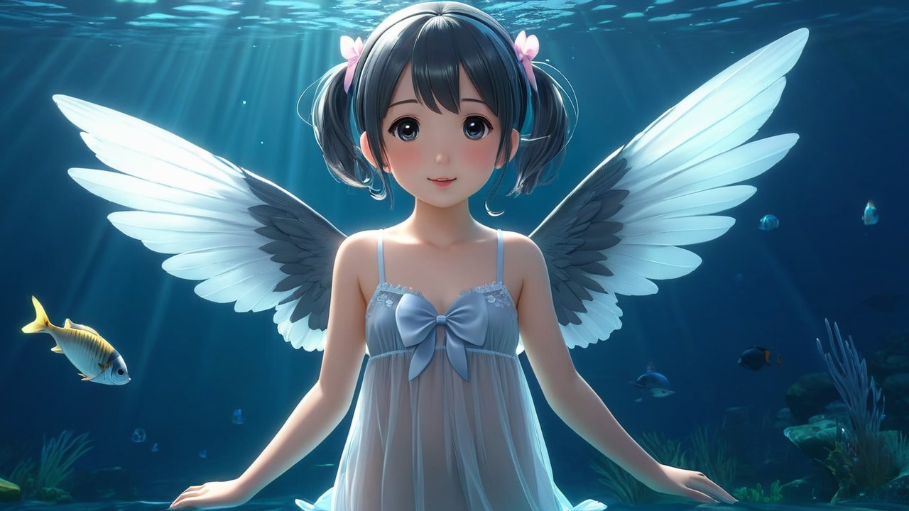 Young girl with angel wings swimming underwater
