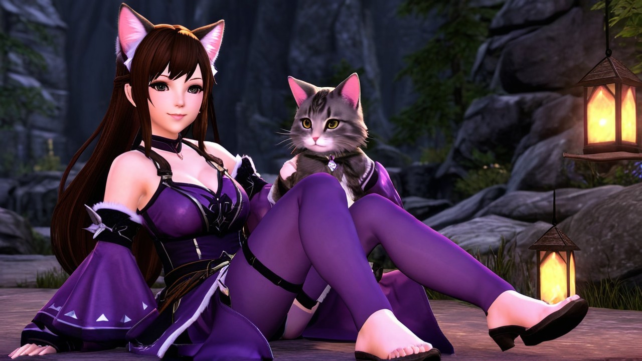 Fantasy Character with Cat Ears and Fluffy Cat