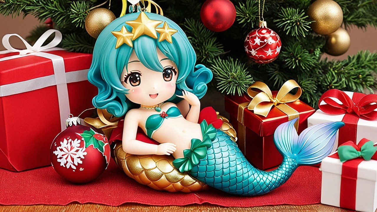 Mermaid Figurine by Christmas Tree with Holiday Decor