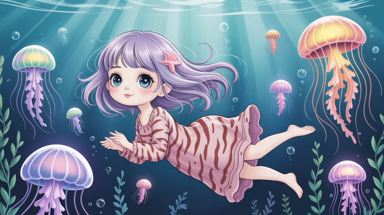 Cartoon Illustration of a Girl with Jellyfish Underwater