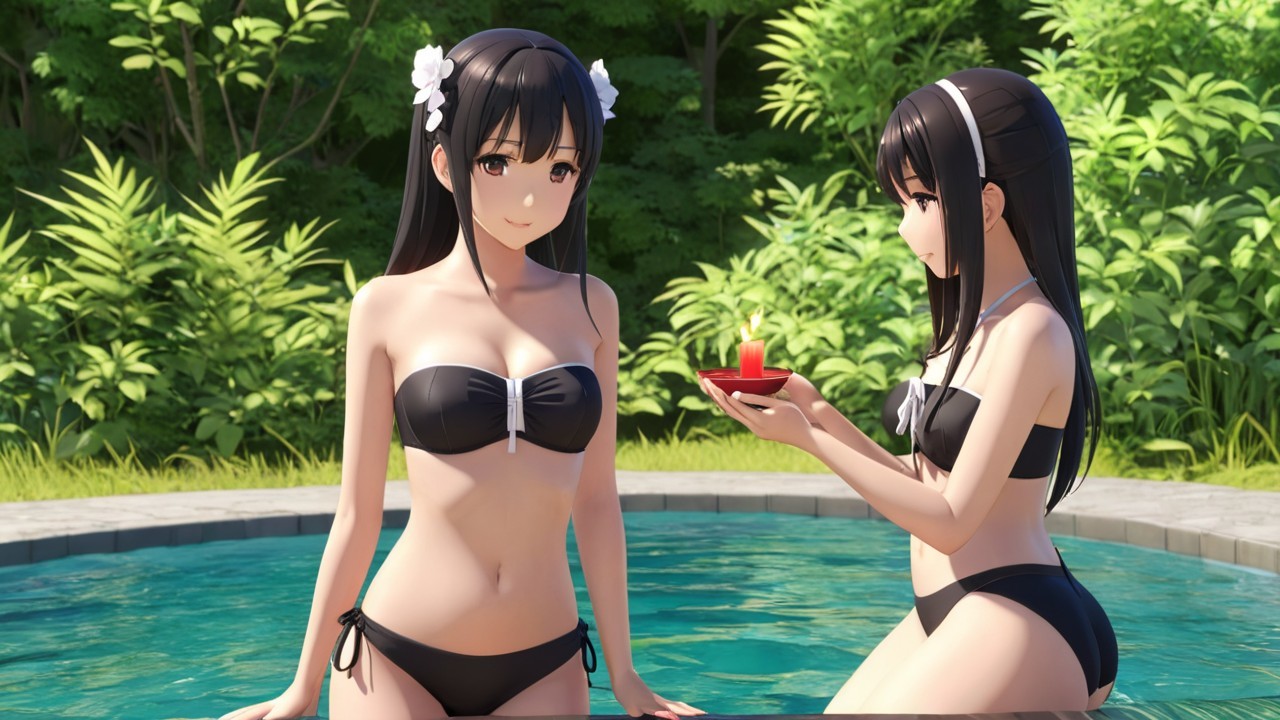 Animated Characters by Pool in Lush Greenery