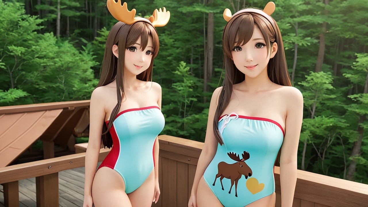 Animated Characters in Matching Swimsuits on Deck