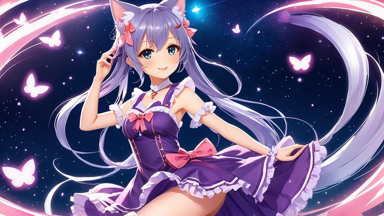 Cheerful anime character with lavender hair and cat ears