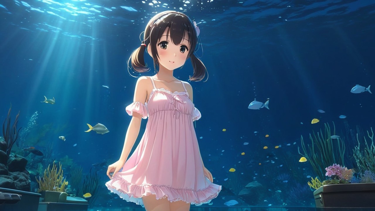 Young girl in pink dress underwater with fish and plants