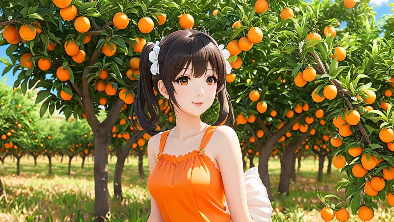 Young Woman in Orange Orchard Surrounded by Fruit