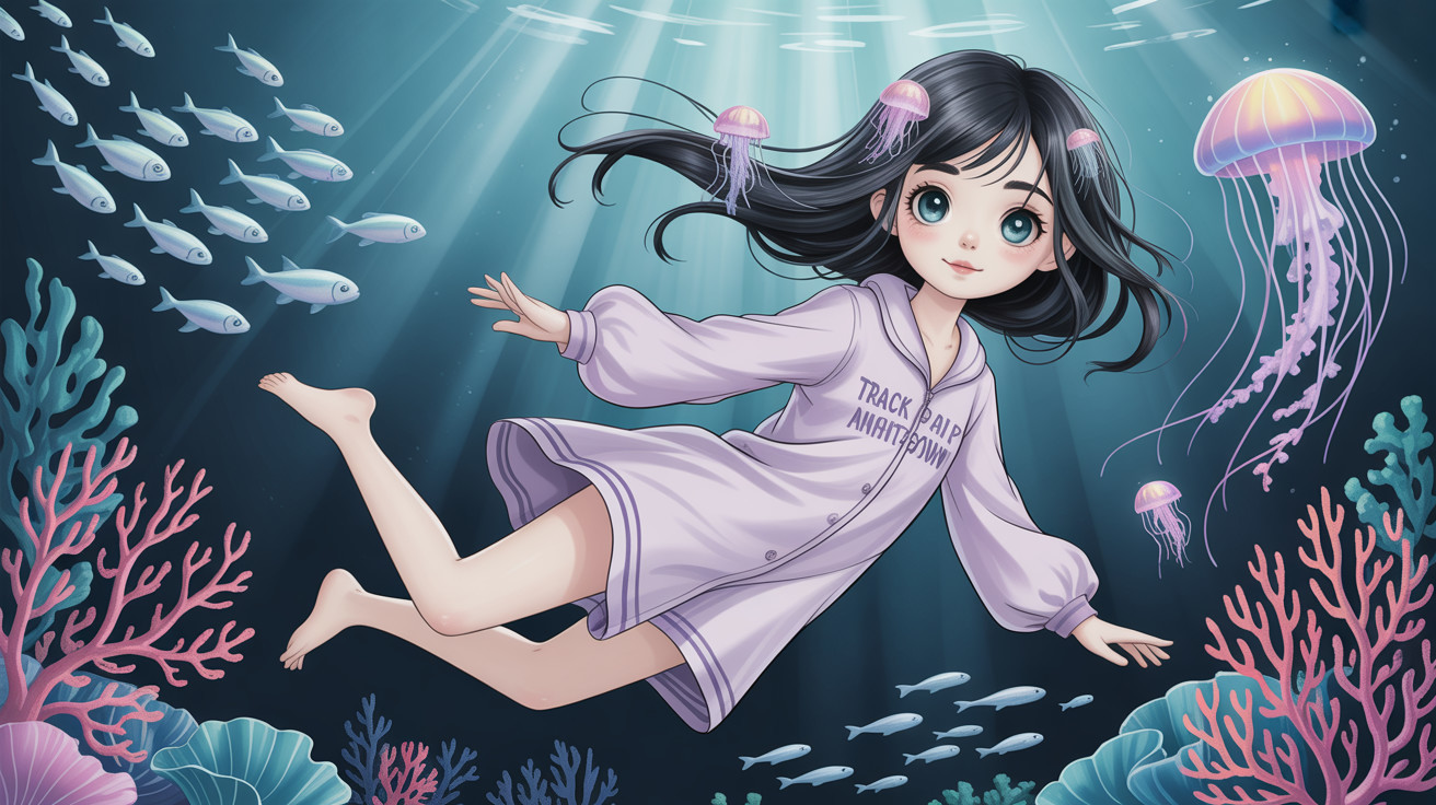 Anime girl in purple hoodie floating underwater with fish