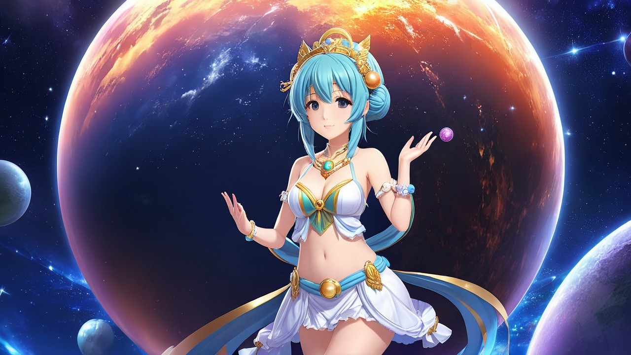 Celestial Character Against Vibrant Cosmic Backdrop