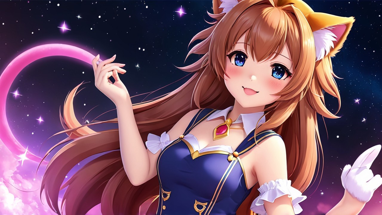 Cheerful anime girl with cat ears in starry night scene