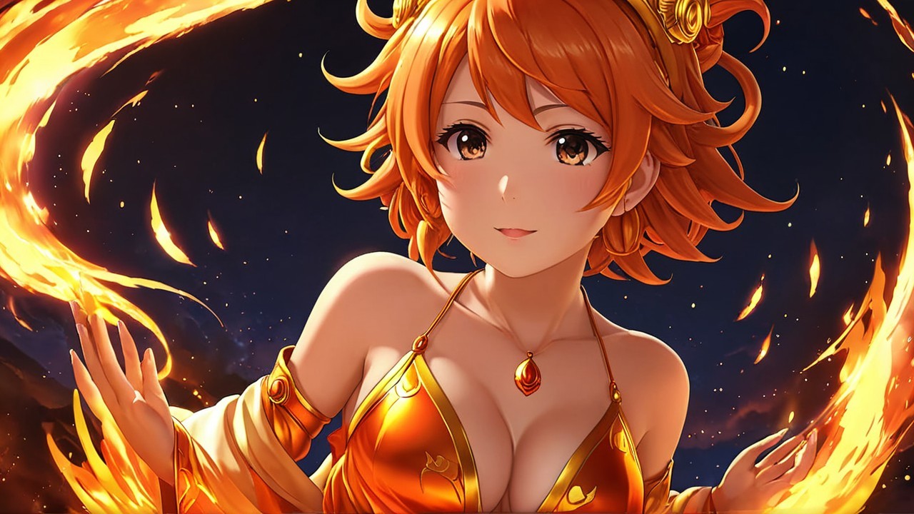 Vibrant Character with Fiery Hair and Golden Outfit