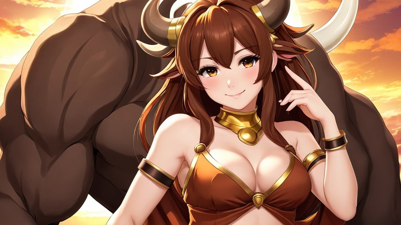 Fantasy Character with Horns and Sunset Background