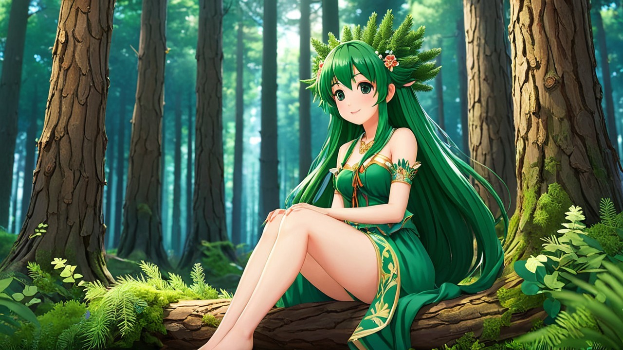Character with Green Hair in Lush Forest Setting