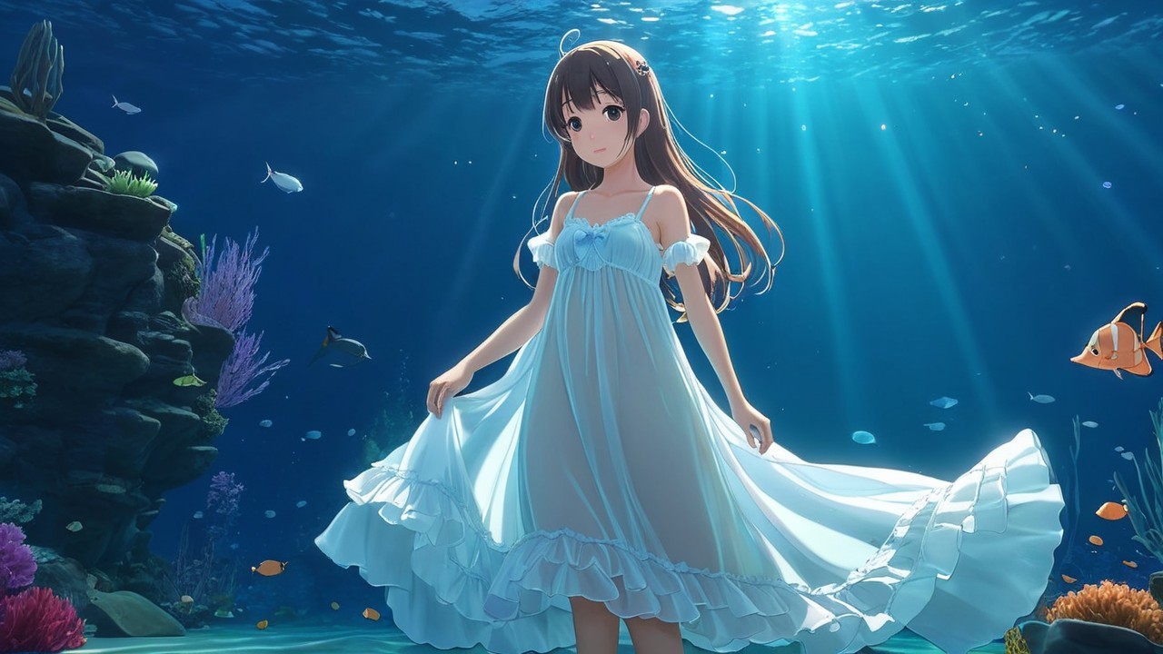 Underwater Scene with Girl in White Dress and Coral Reefs