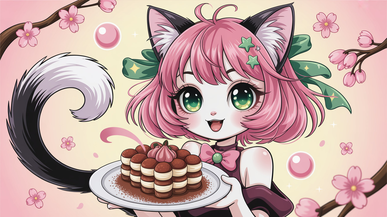 Chibi Cat Girl with Tiramisu in Pink Sakura Setting