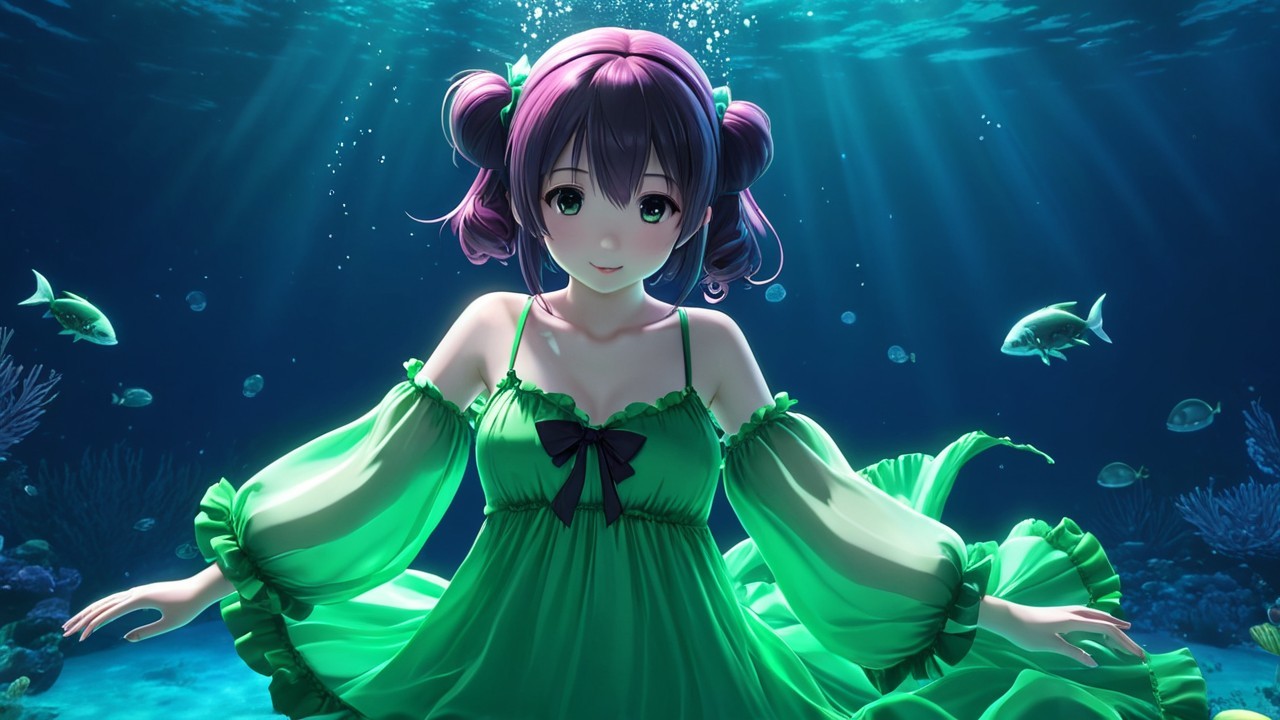 Young girl with purple hair floating underwater