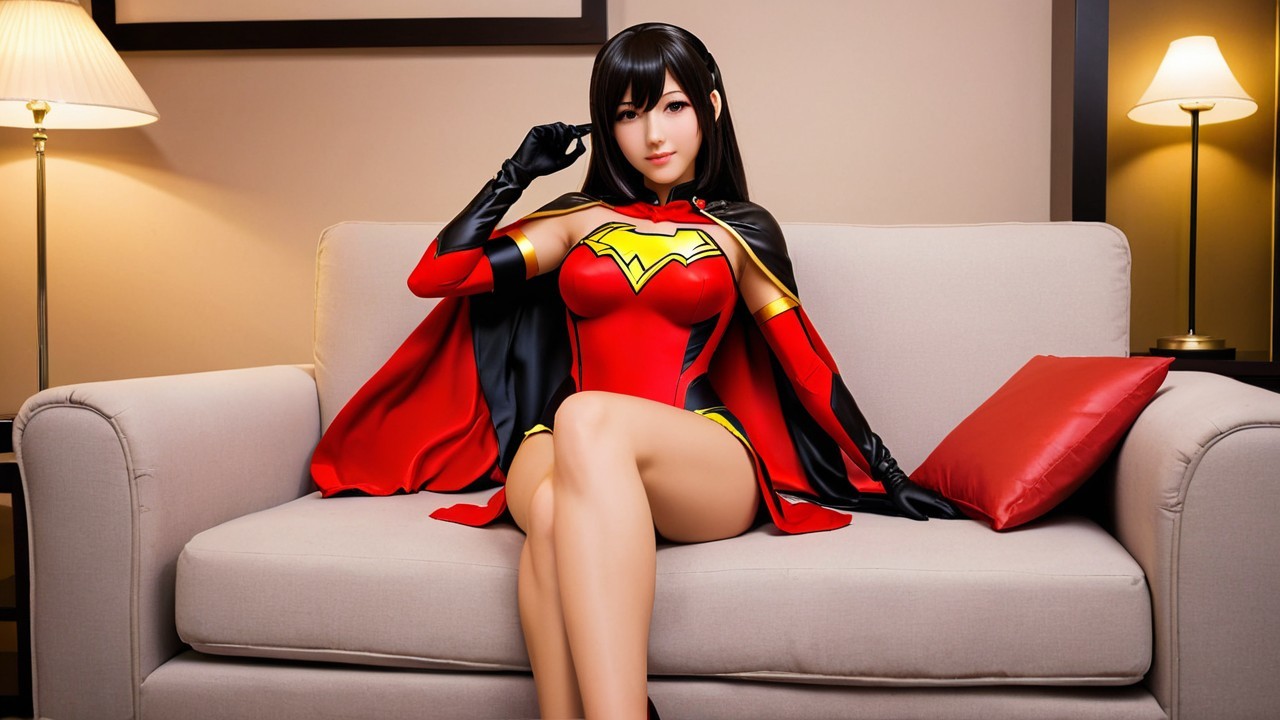 Superhero Character in Vibrant Costume on Couch