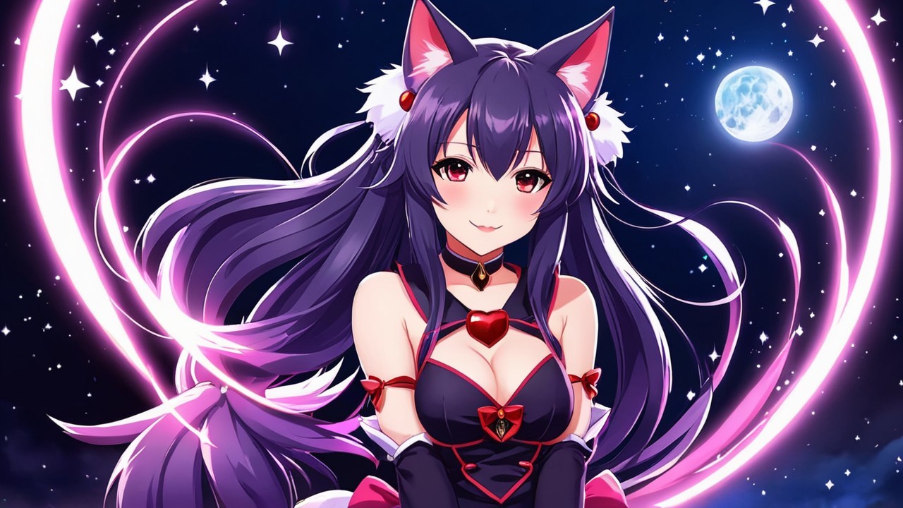Vibrant Anime Character with Purple Hair and Cat Ears