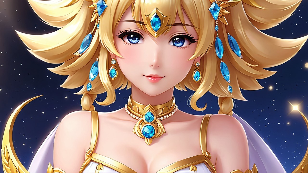 Fantasy Character with Blonde Hair and Blue Jewels