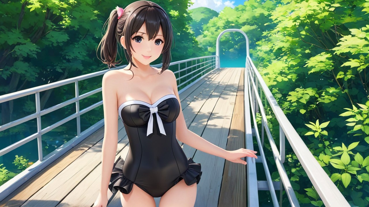Young Woman in Black Swimsuit on Wooden Bridge