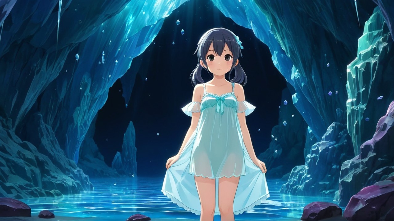 Young girl in a serene underwater cave with blue light