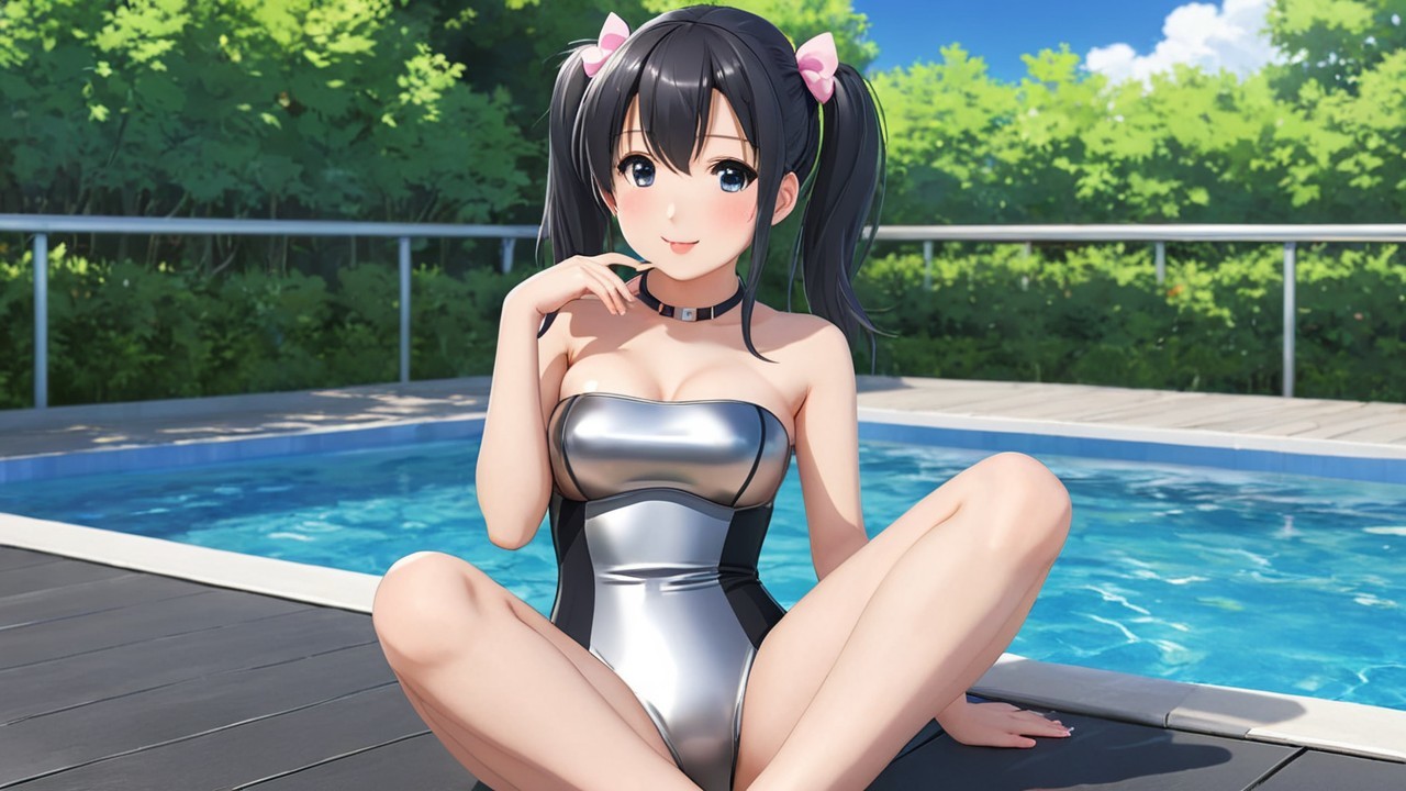 Cheerful anime girl in silver swimsuit by poolside