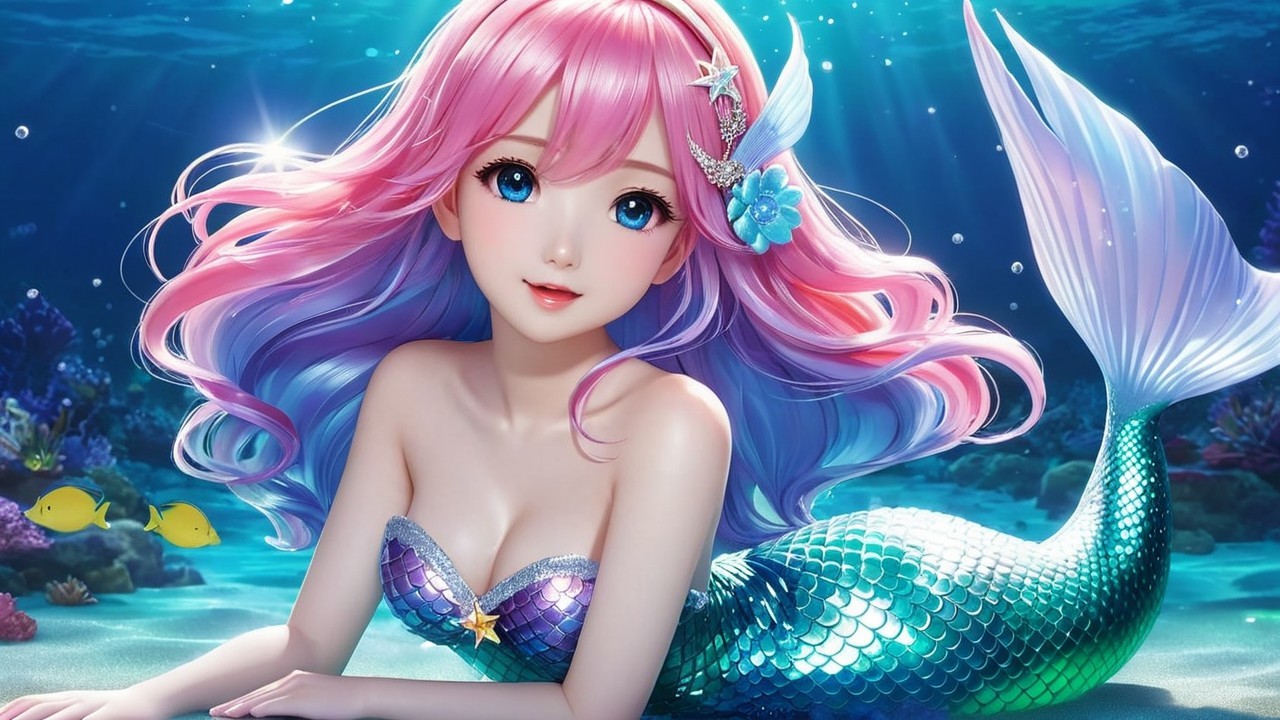Vibrant Mermaid in Crystal-Clear Underwater Scene