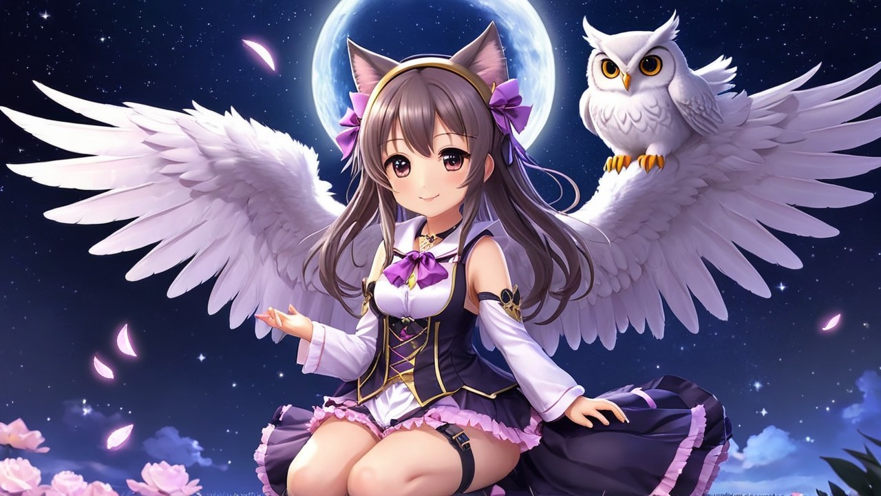 Playful girl with cat ears and angel wings at night