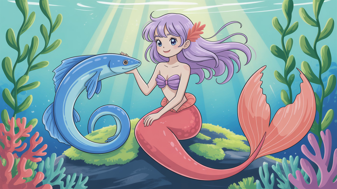 Young female mermaid with blue eyes and purple hair