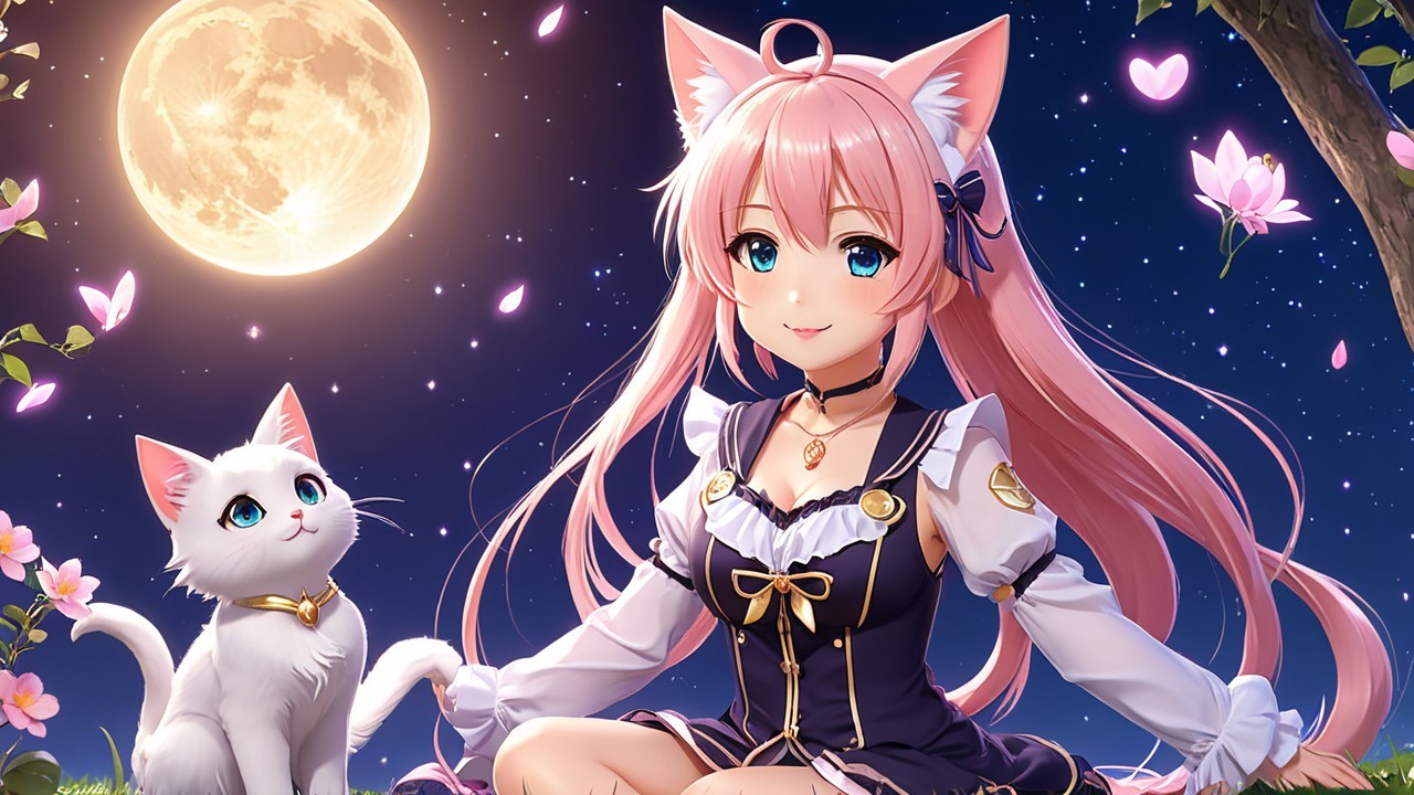 Girl with Pink Hair and Cat Ears Under Full Moon
