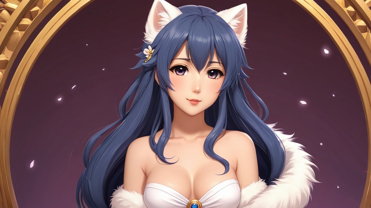 Character with Blue Hair and Cat Ears in Elegant Outfit