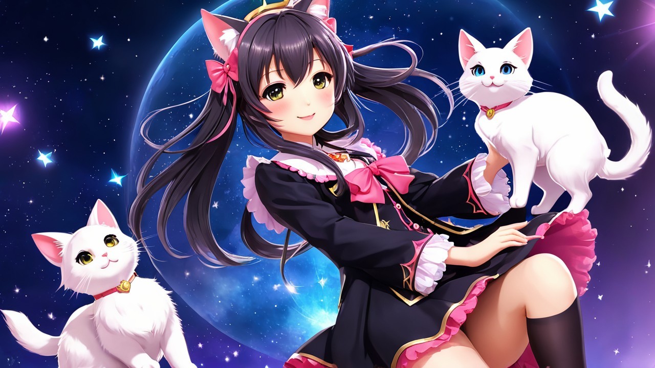 Cheerful girl in gothic outfit with cats under moonlight