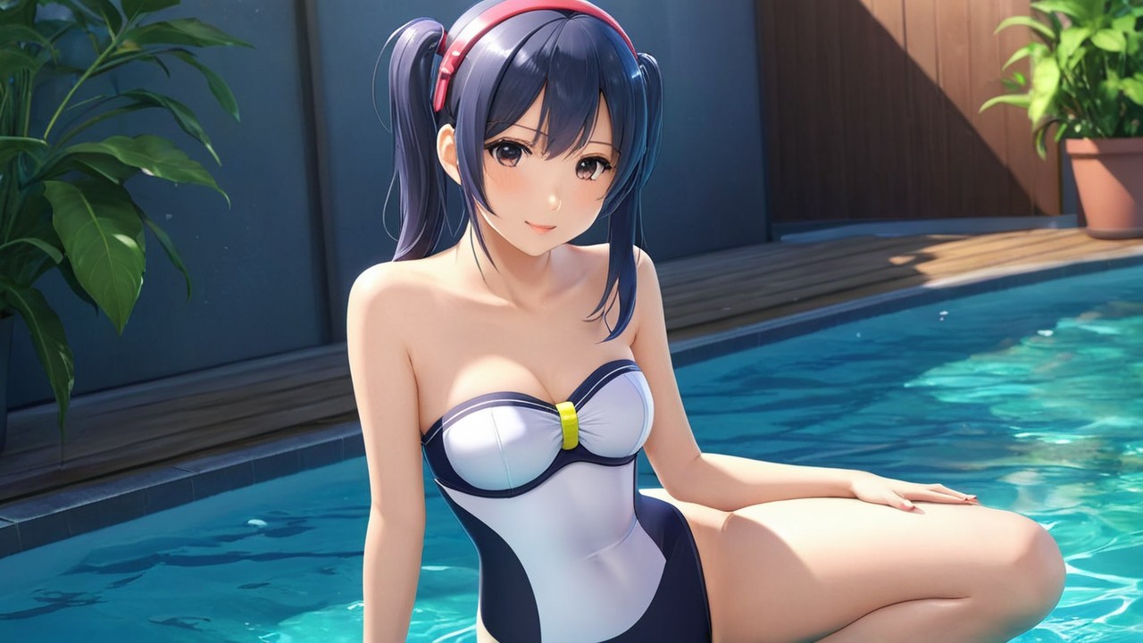 Young Woman in Swimsuit by Poolside with Plants