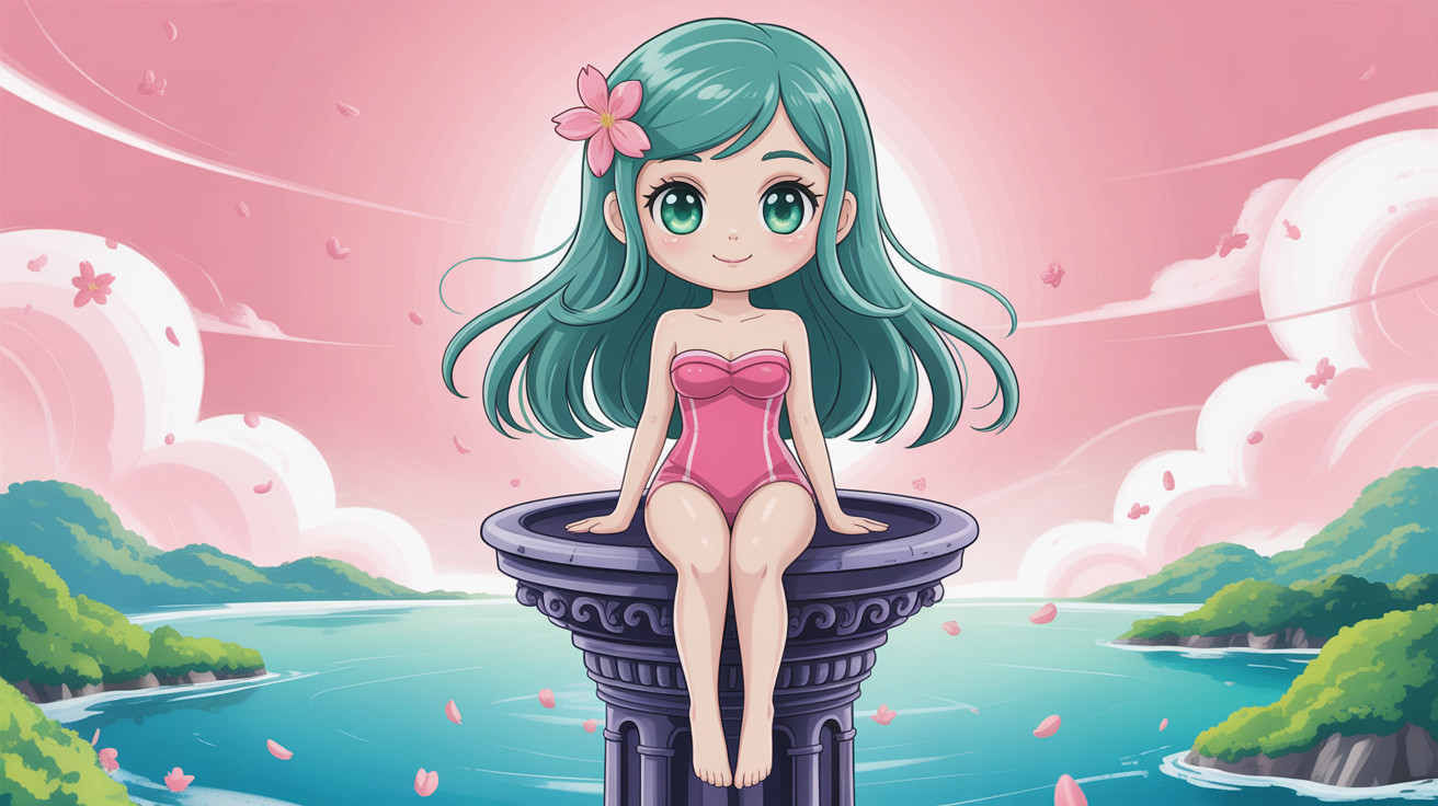 Chibi Anime Girl in Pink Swimsuit on Purple Pedestal