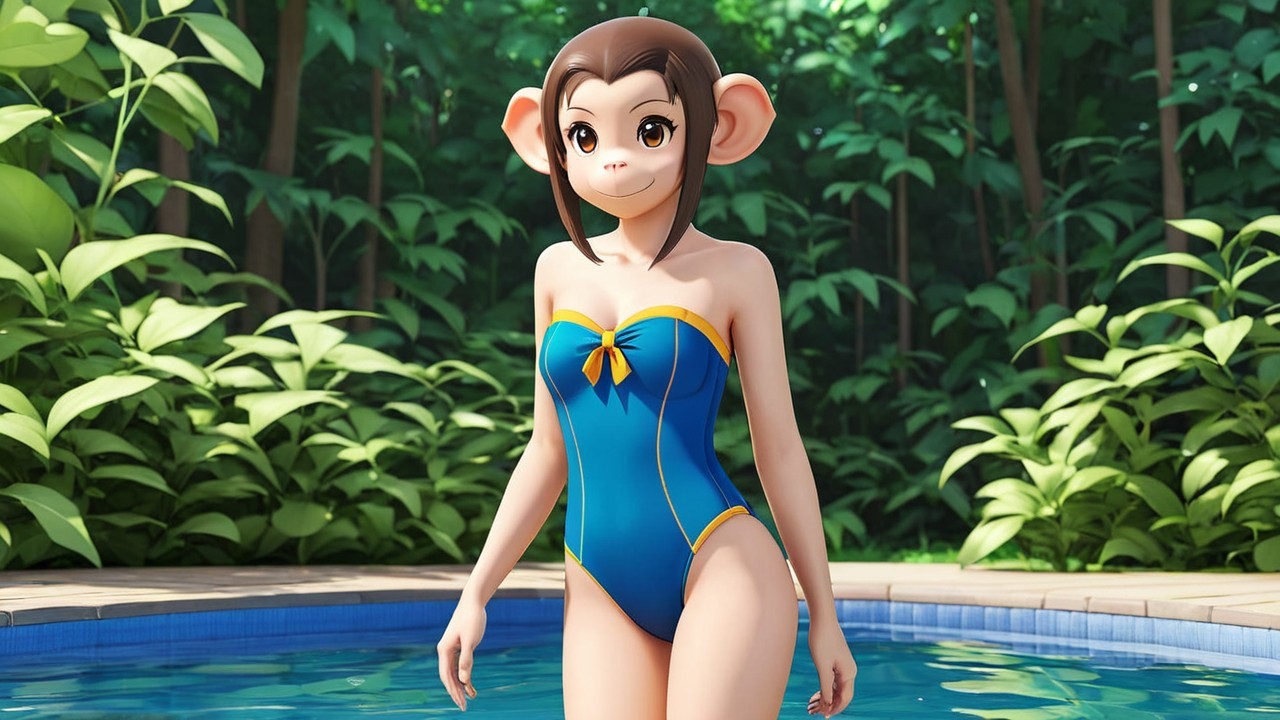Character by Pool in Blue Swimsuit and Yellow Ribbon