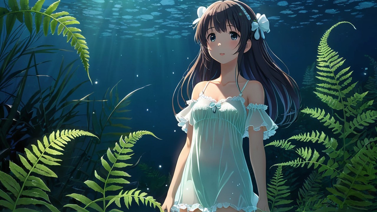 Underwater Scene with Girl and Sunlit Ferns